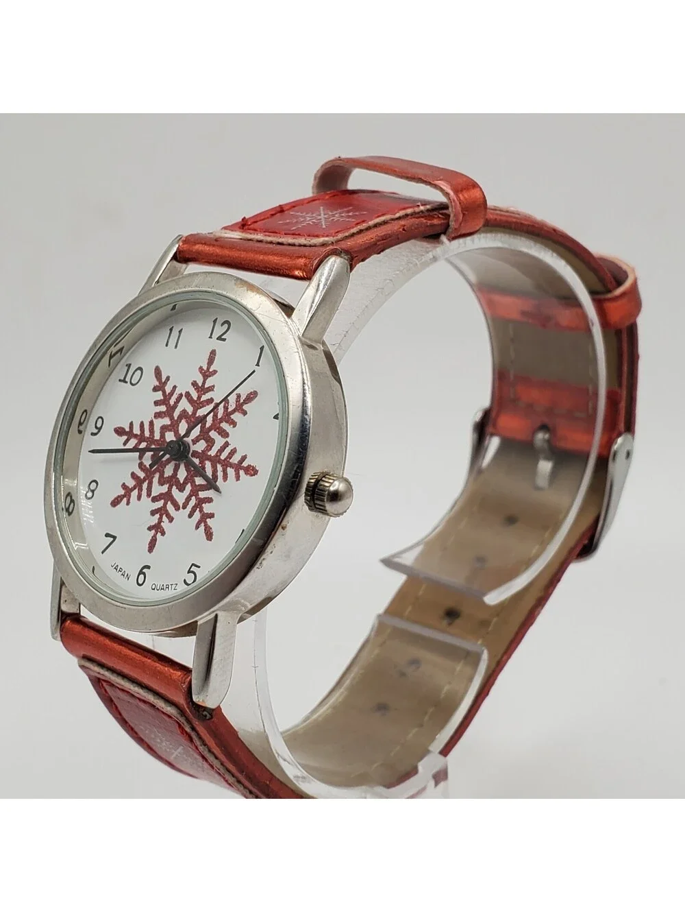 Red Snowflake Quartz Watch Womens 32mm Red Snowflake Band New Battery